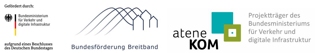 Logos: Gefördert durch das Bundesministerium für Verkehr, Bundesförderung Breitband, atene KOM